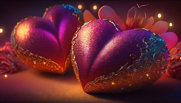 two shiny hearts with a flower on the side of them, on a dark background, with lights in the background, and a pink flower in the middle of the middle of the heart.