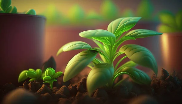 a close up of a plant in a dirt area with other plants in the back ground and in the foreground, a dark background.