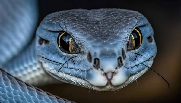 a close up of a blue snake\'s face with a black background.