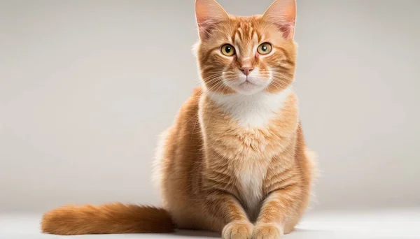 an orange and white cat sitting on a white surface looking at the camera.