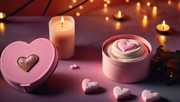 a pink box with a heart on it next to candles.