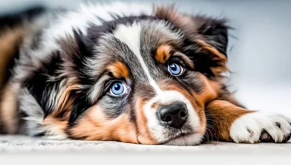 a puppy with blue eyes laying on the floor looking at the camera.
