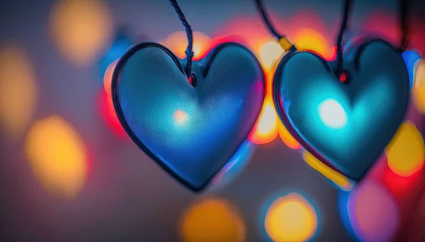 two blue hearts hanging from a string with lights in the background.