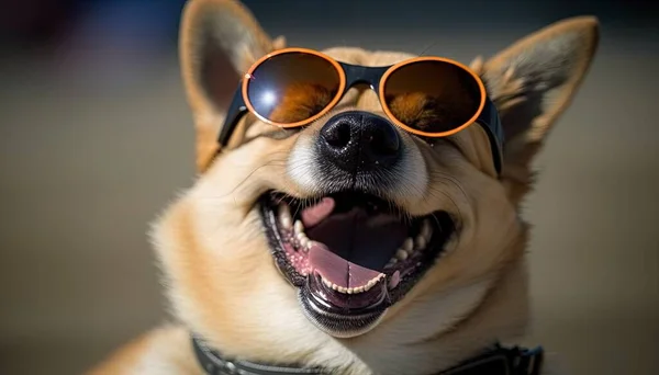 a dog wearing sunglasses and a leather collar is smiling for the camera.