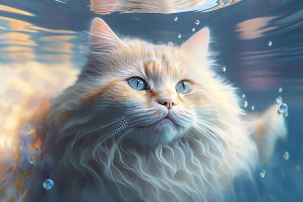 a painting of a cat swimming in a pool of water with bubbles on the water and a cat\'s head above the water\'s surface.
