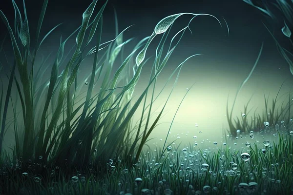 a painting of grass and water with drops of water on the grass and water droplets on the grass and water droplets on the grass and water droplets on the grass.
