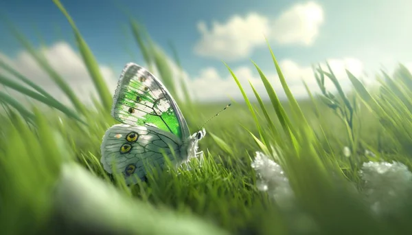 a green and white butterfly sitting on top of a lush green grass covered field with a bright blue sky in the background and a few white clouds.