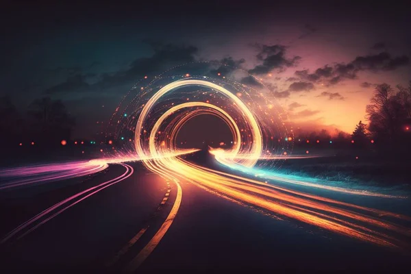 a long exposure photo of a tunnel with lights coming out of the tunnel and a car driving through it at night time with a colorful light streaks.