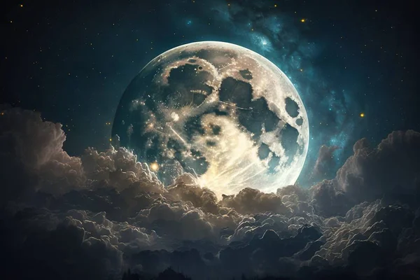 a full moon in the night sky with clouds and stars around it and a dark blue sky with stars and clouds, and a dark blue sky with white clouds, and yellow and blue, and white, with.