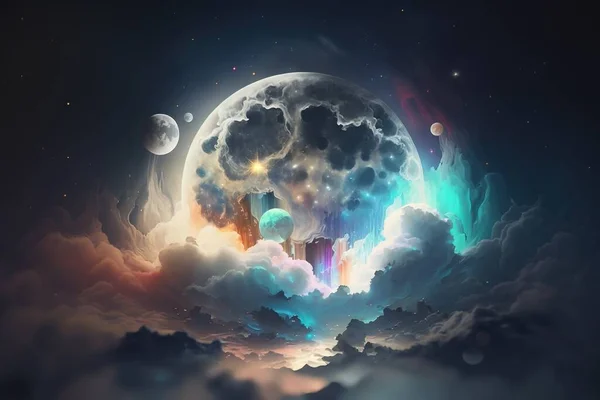a painting of a full moon in the sky with clouds and stars in the sky and a few clouds in the foreground, and the moon in the background.