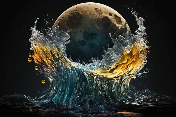 a full moon with water splashing out of it and a wave in the foreground, with a dark background, with a full moon in the distance.