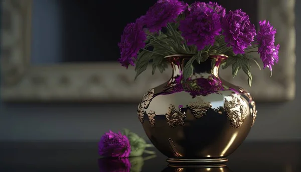a vase with purple flowers in it sitting on a table next to a framed picture of a mirror and a vase with purple flowers in it.
