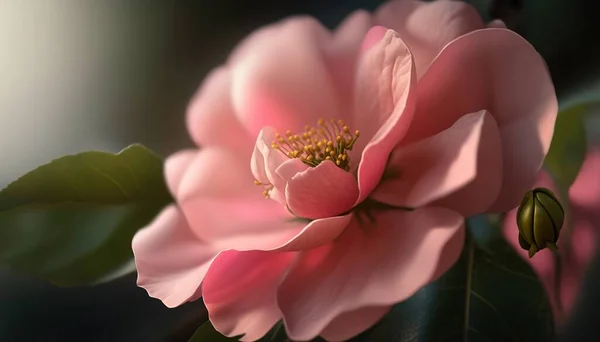 a close up of a pink flower with green leaves on a dark background with a blurry light behind it and a blurry back ground.