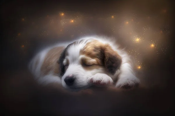 a dog is sleeping on a brown background with stars in the background and a blurry image of the dog's face is in the foreground.