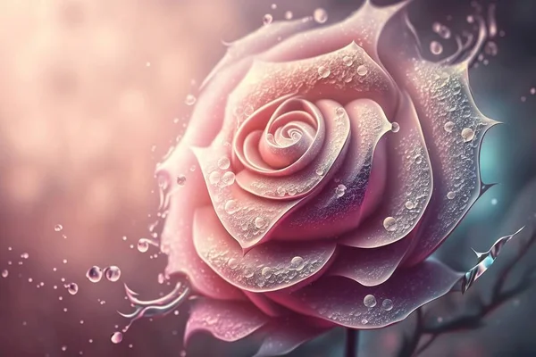 a pink rose with water droplets on it's petals is shown in the foreground of a blurry image of water droplets on the petals.
