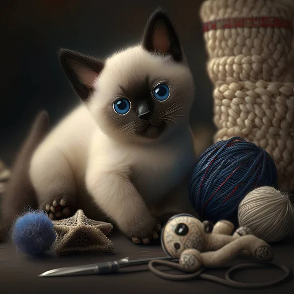 a cat sitting next to a ball of yarn and a ball of yarn with a knitting needle on the floor next to it is a ball of yarn and a crochet.