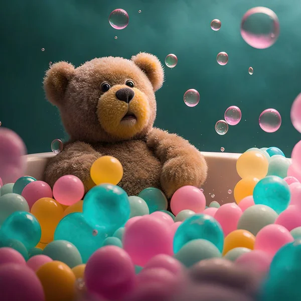 a teddy bear sitting in a bathtub surrounded by balloons and bubbles with bubbles coming out of the bathtub and bubbles coming out of the tub.