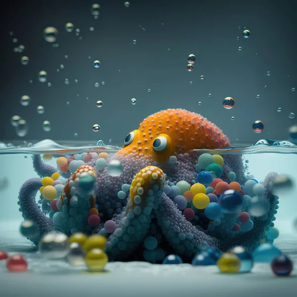 an octopus is surrounded by bubbles in the water, with a ball of bubbles floating on it\'s back end, and on its back end is an orange octopus.