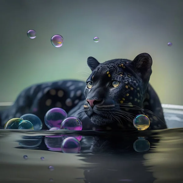 a black leopard is swimming in a pool of water with bubbles around it and a black cat is looking at the camera with a surprised look on his face.