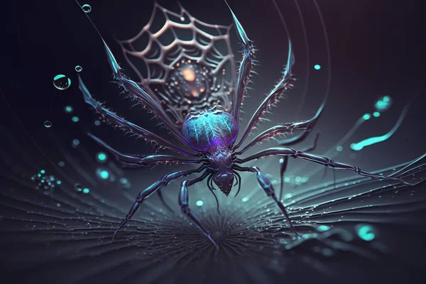 a blue spider with a web on it\'s back and a spider web on its back, in front of a dark background with water droplets.