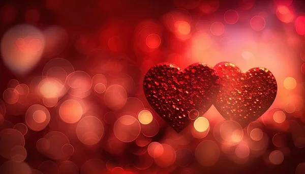 two hearts shaped like hearts on a red and pink background with boke of lights in the background and boke of lights in the foreground.