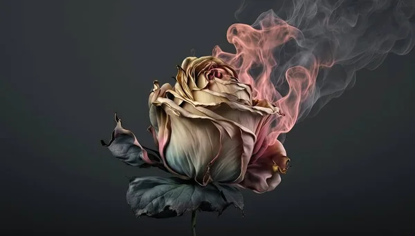 a flower with a lot of smoke coming out of it\'s center on a dark background with a black background and a white smoke billowing out of the center.
