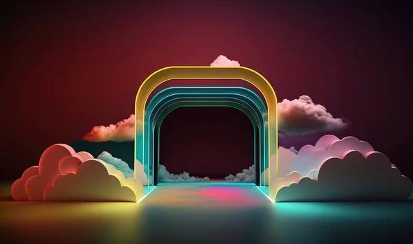 a tunnel in the sky with clouds and neon lights coming out of it.