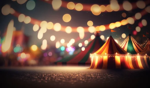 a circus tent with lights in the background and a blurry background.