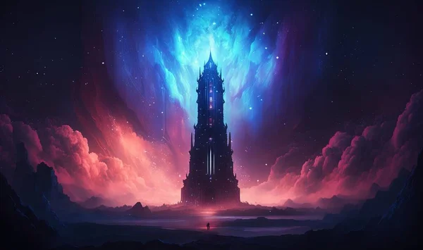 a painting of a tower in the sky with a person standing in front of it.