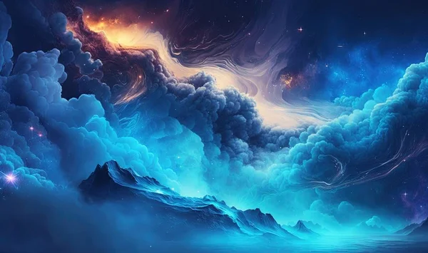 a painting of clouds and stars in the sky above a body of water.