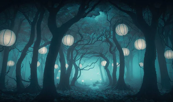 a forest with lanterns hanging from the trees and a path.