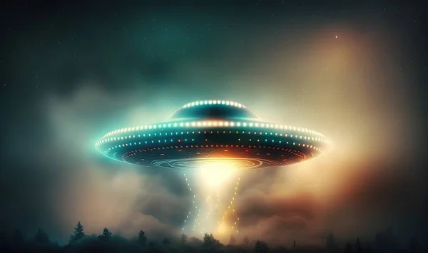 an alien spaceship flying through the sky with trees in the foreground.
