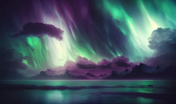 a painting of the aurora bore in the sky above a body of water.
