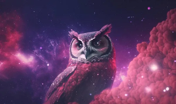 an owl is sitting on a tree branch in the night sky.