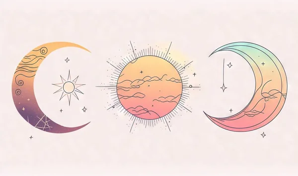 a drawing of the phases of the sun and moon in pastel colors.