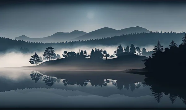 a lake surrounded by trees and fog in the night sky.