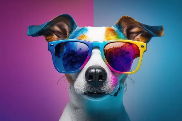 a dog with sunglasses on its face and a colorful background.
