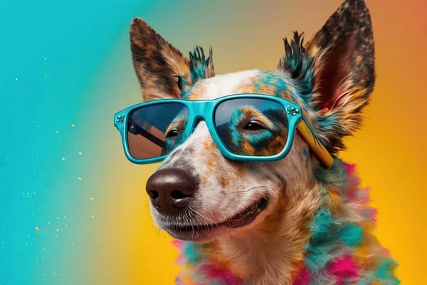a dog wearing blue sunglasses and a colorful shirt with feathers on it.