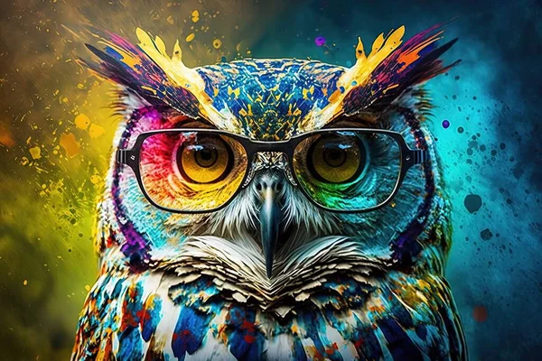 a colorful owl with glasses on its head and a black background.