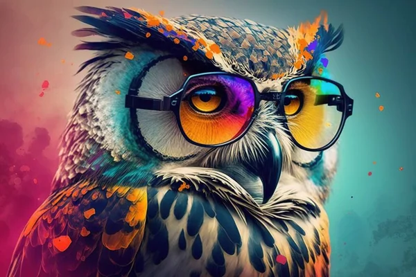 a colorful owl with glasses on its head and a colorful background.