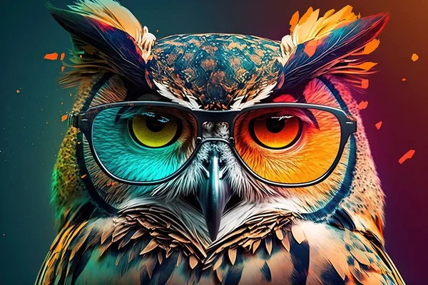 a colorful owl with glasses on its head and a colorful background.