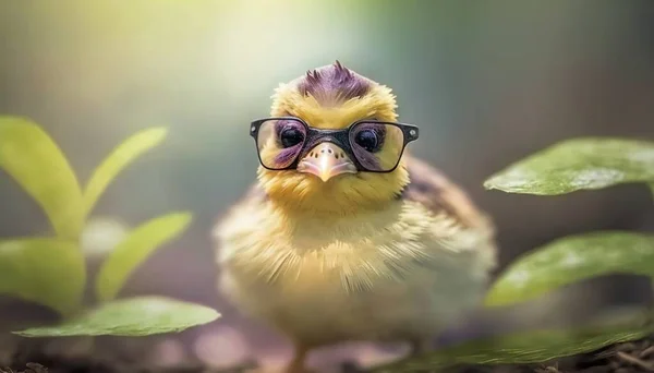 a small yellow bird wearing glasses on top of a plant.