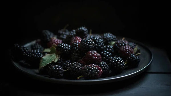 a plate of blackberries with leaves on a table in a dark room with a black background and a black table cloth with a black table cloth.