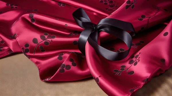 a red satin sheet with a black bow on it\'s end.