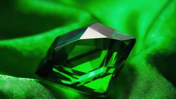 a close up of a green diamond on a green cloth.