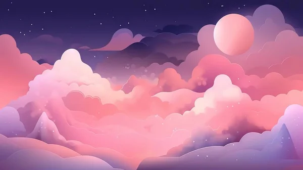 a pink and purple background with clouds and stars in the sky.