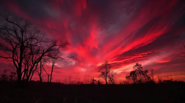 a red sky with clouds and trees in the foreground.