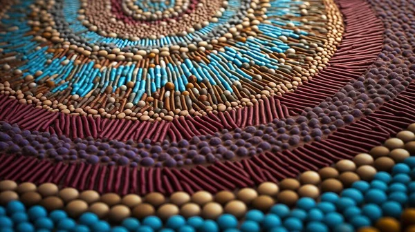 a close up picture of a circular object made of beads and beads on a table top with a circular design on it\'s surface.