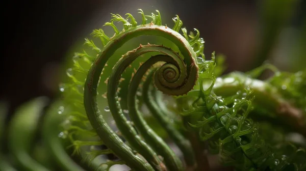 a close up of a green plant with a spiral design on it\'s stem and a black background with a blurry image of leaves.