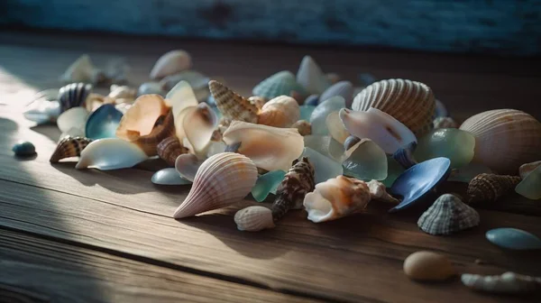 a pile of sea shells sitting on top of a wooden table next to a window sill on a wooden floor with sunlight coming in through the window.